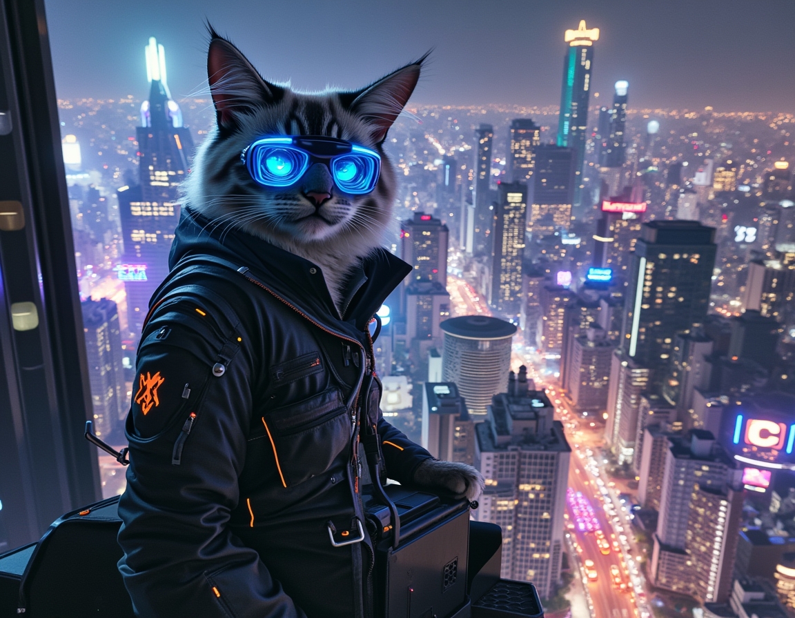 Cat stands on a futuristic skyscraper rooftop, wearing glowing cybernetic goggles. A neon-lit cityscape with flying cars and holograms stretches below.